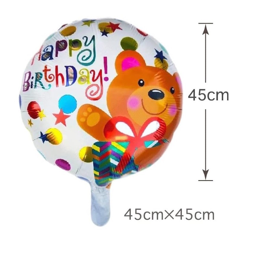 Balon din Folie Metalizata, , Mini Figurina Rotunda, Model Happy Birthday Ursulet, Tema Aniversare, 45 cm, Ambalaj Individual, Pai inclus, Umflare cu Aer sau Heliu, Maro - imagine 2