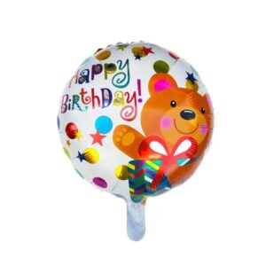 Balon din Folie Metalizata, , Mini Figurina Rotunda, Model Happy Birthday Ursulet, Tema Aniversare, 45 cm, Ambalaj Individual, Pai inclus, Umflare cu Aer sau Heliu, Maro