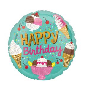 Balon din Folie Metalizata, , Mini Figurina Rotunda, Model Inghetata, Happy Birthday, Tematica Aniversare, 45 cm, Ambalaj Individual, Pai Inclus, Umflare cu Aer sau Heliu, Verde