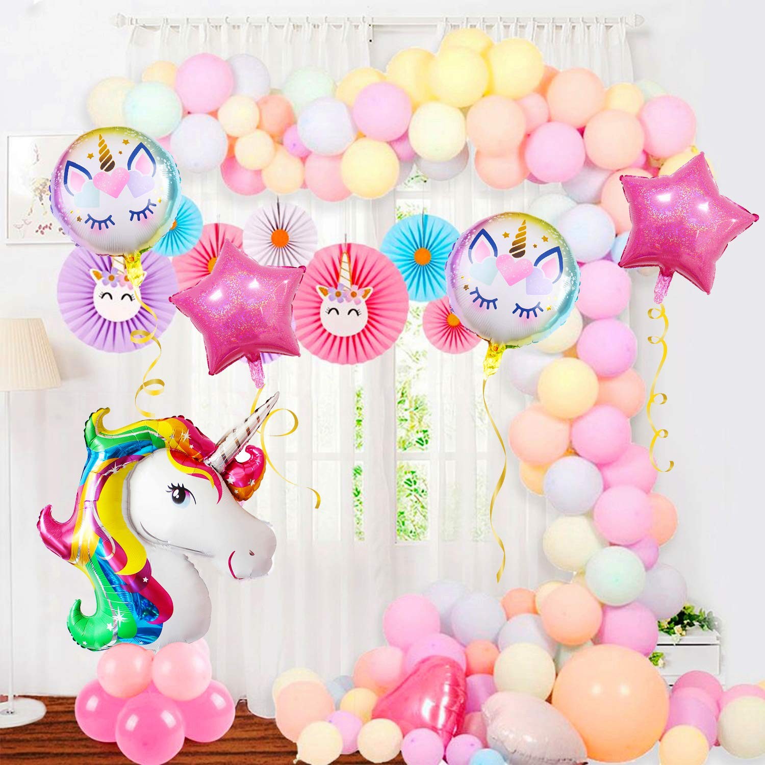 Balon din Folie Metalizata, , Mini Figurina Rotunda, Model Unicorn, Happy Birthday, Tematica Aniversare, 45 cm, Ambalaj Individual, Pai Inclus, Umflare cu Aer sau Heliu, Multicolor - imagine 4