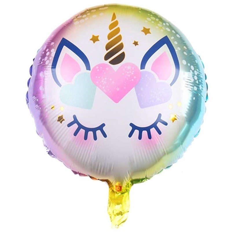 Balon din Folie Metalizata, , Mini Figurina Rotunda, Model Unicorn, Happy Birthday, Tematica Aniversare, 45 cm, Ambalaj Individual, Pai Inclus, Umflare cu Aer sau Heliu, Multicolor