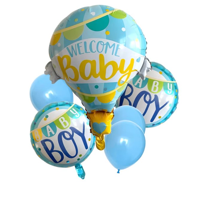 Balon din Folie Metalizata, , Mini Figurine, Model Balon cu Aer Cald Baietel, Tematica Welcome Baby, 80x62 cm, Ambalaj Individual, Pai Inclus, Umflare cu Aer sau Heliu, Albastru - imagine 4