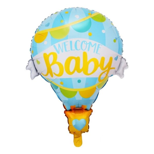 Balon din Folie Metalizata, , Mini Figurine, Model Balon cu Aer Cald Baietel, Tematica Welcome Baby, 80x62 cm, Ambalaj Individual, Pai Inclus, Umflare cu Aer sau Heliu, Albastru