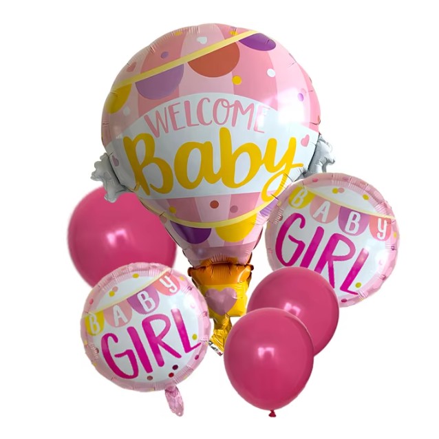 Balon din Folie Metalizata, , Mini Figurine, Model Balon cu Aer Cald Fetita, Tematica Welcome Baby, 80x62 cm, Ambalaj Individual, Pai Inclus, Umflare cu Aer sau Heliu, Roz - imagine 2