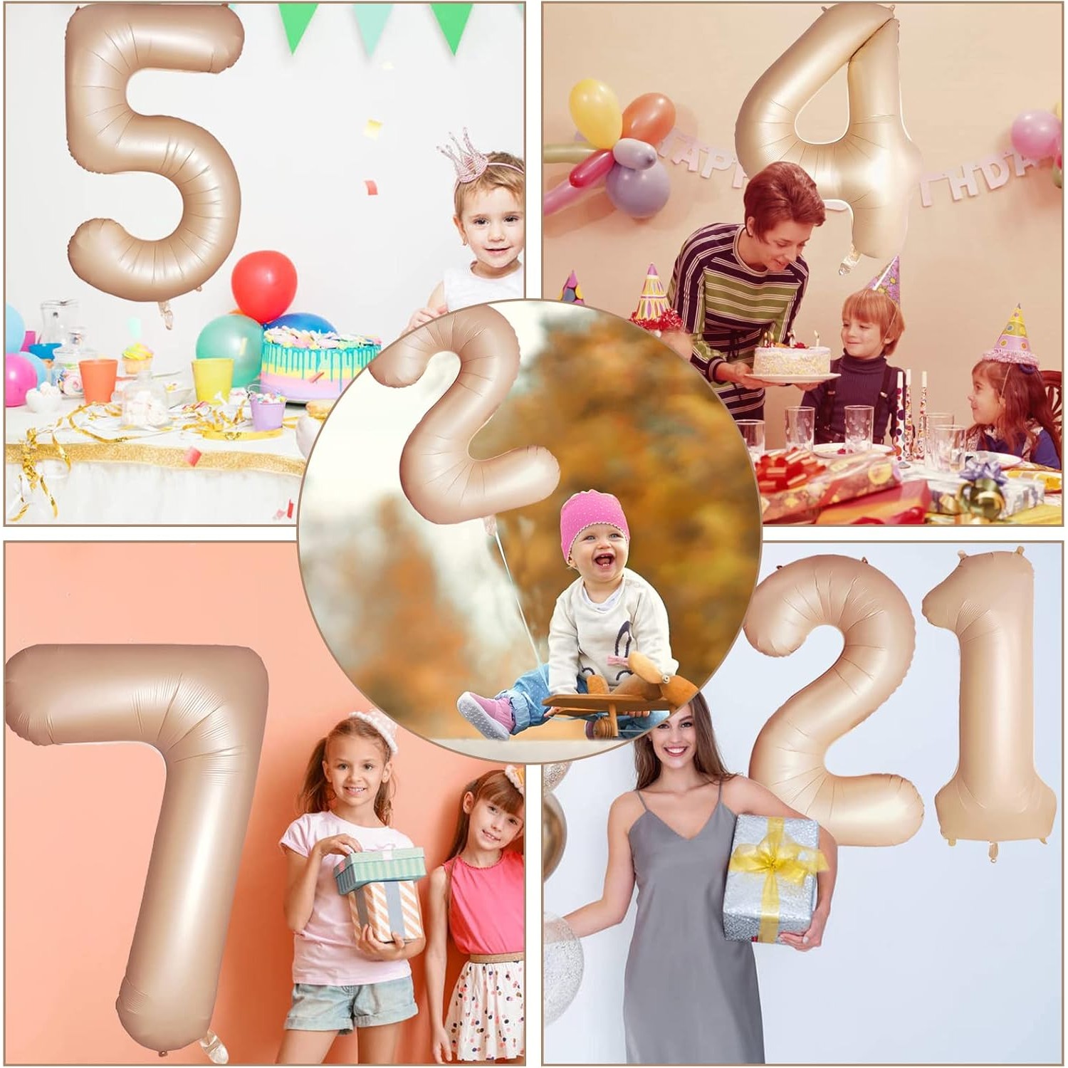 Balon din Folie Metalizata, , Figurina Cifra, Model 4, Tema Aniversare 100 cm, Ambalaj Individual, Pai Inclus, Umflare cu Aer sau Heliu, Crem - imagine 3