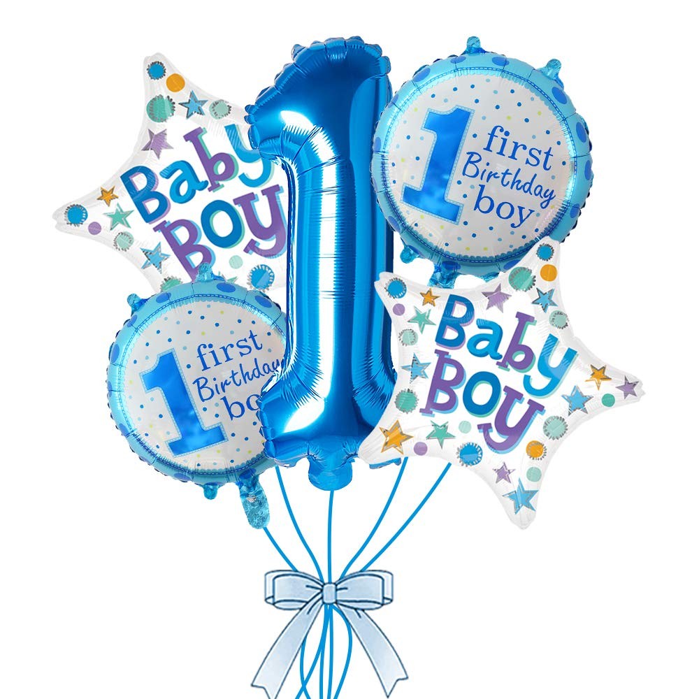 Balon din Folie Metalizata, , Prima Aniversare, Model First Birthday Boy, 45 cm, Ambalaj Individual, Pai Inclus, Umflare cu Aer sau Heliu, Albastru - imagine 3