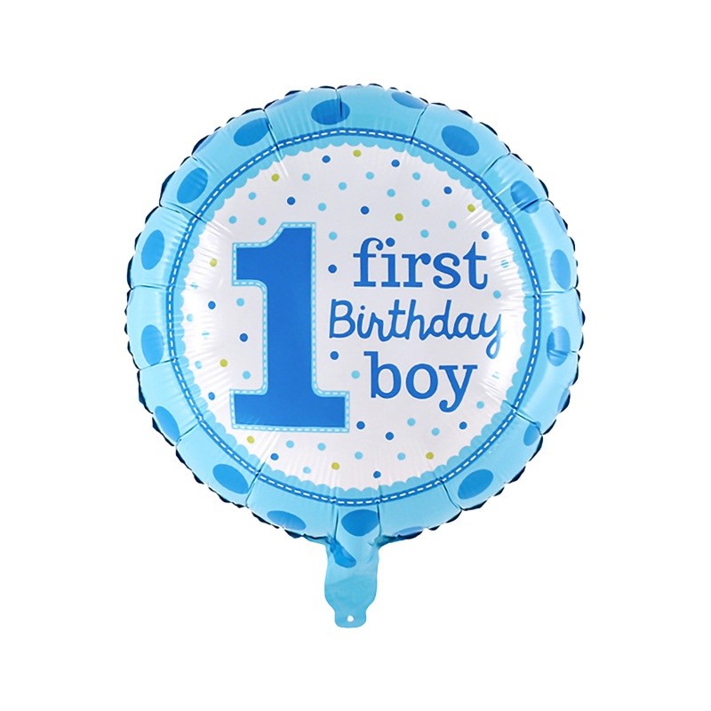 Balon din Folie Metalizata, , Prima Aniversare, Model First Birthday Boy, 45 cm, Ambalaj Individual, Pai Inclus, Umflare cu Aer sau Heliu, Albastru