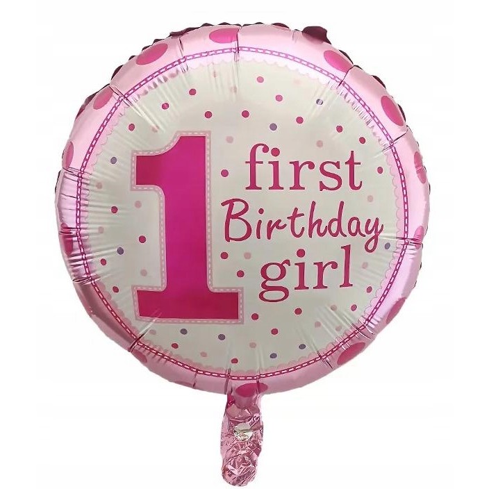 Balon din Folie Metalizata, , Prima Aniversare, Model First Birthday Girl, 45 cm, Ambalaj Individual, Pai Inclus, Umflare cu Aer sau Heliu, Roz - imagine 2