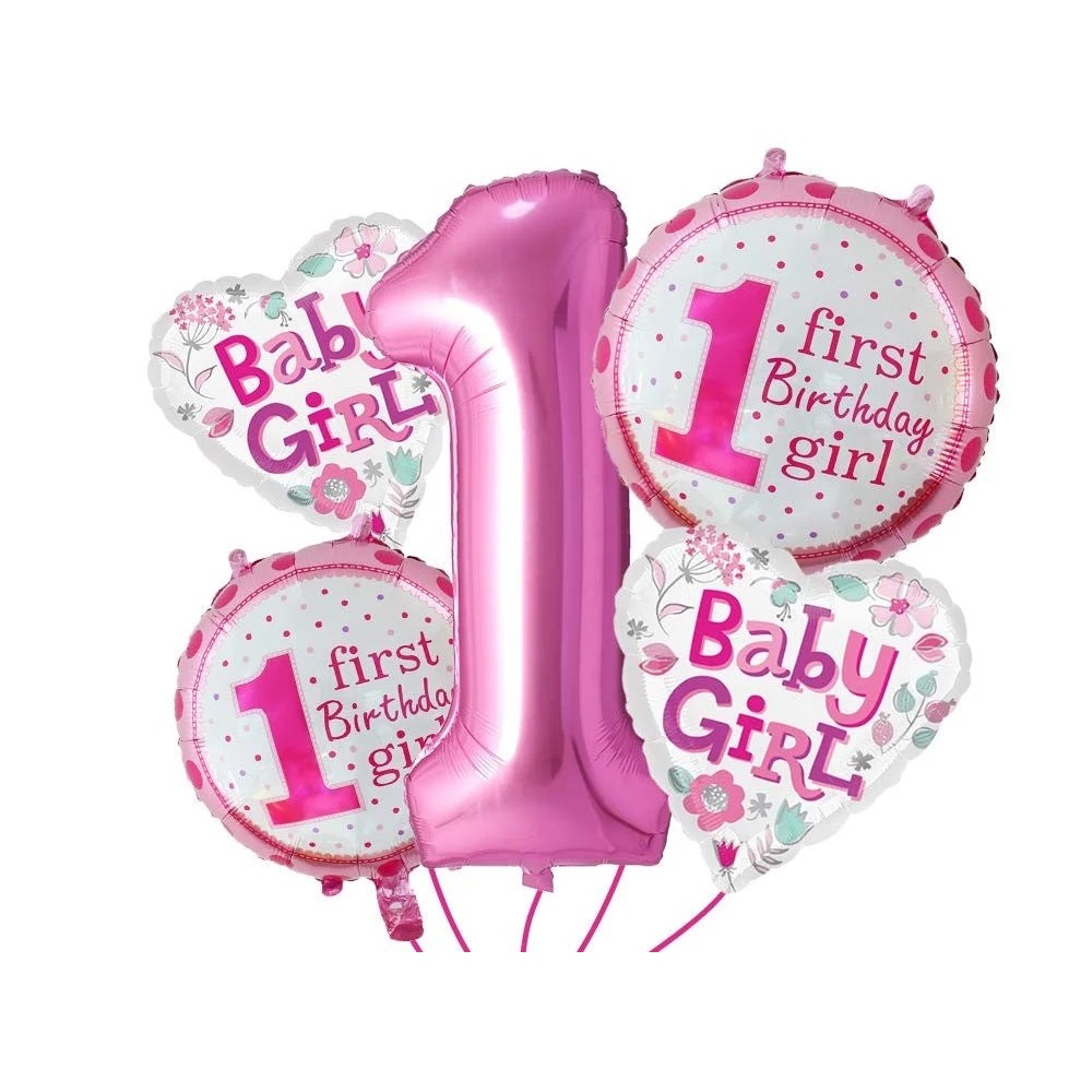 Balon din Folie Metalizata, , Prima Aniversare, Model First Birthday Girl, 45 cm, Ambalaj Individual, Pai Inclus, Umflare cu Aer sau Heliu, Roz - imagine 3