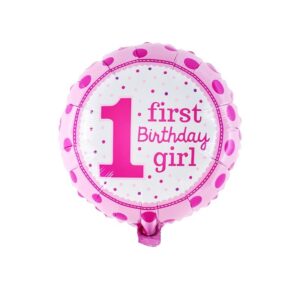 Balon din Folie Metalizata, , Prima Aniversare, Model First Birthday Girl, 45 cm, Ambalaj Individual, Pai Inclus, Umflare cu Aer sau Heliu, Roz