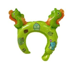 Balon din Folie Metalizata, , Tip Coronita cu Urechi, Model Dinozauri, Ambalaj Individual, Pai Inclus, Umflare cu Aer sau Heliu, 29 x 26.5 cm, Verde