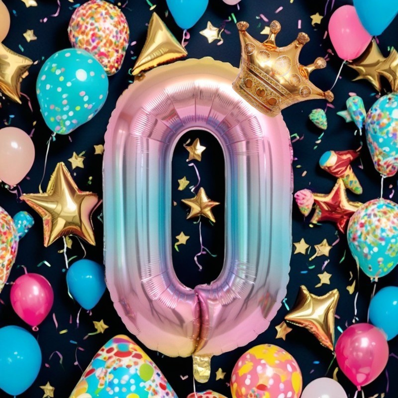 Balon din Folie Metalizata, , Figurina Cifra Gradient, Tema Aniversare 80 cm, Ambalaj Individual, Pai inclus, Umflare cu Aer sau Heliu, Coronita, Cifra 0 - imagine 4