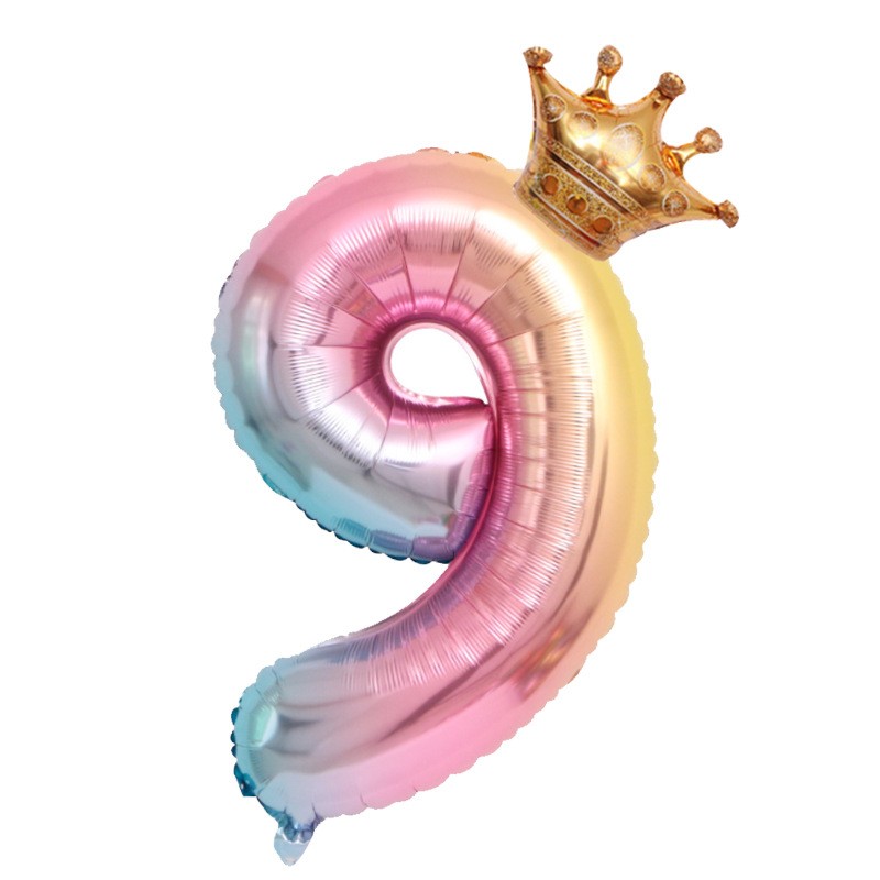 Balon din Folie Metalizata, , Figurina Cifra Gradient, Tema Aniversare 80 cm, Ambalaj Individual, Pai inclus, Umflare cu Aer sau Heliu, Coronita, Cifra 9