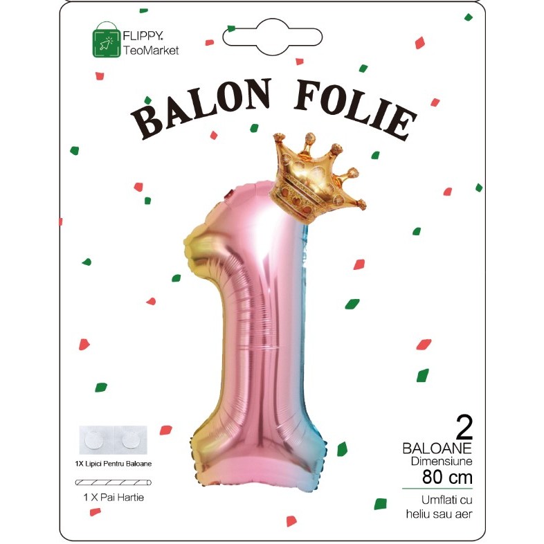 Balon din Folie Metalizata, , Figurina Cifra Gradient, Tema Aniversare 80 cm, Ambalaj Individual, Pai inclus, Umflare cu Aer sau Heliu, Coronita, Cifra 1 - imagine 2