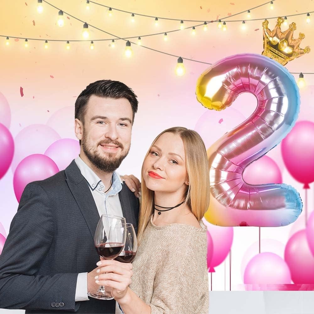 Balon din Folie Metalizata, , Figurina Cifra Gradient, Tema Aniversare 80 cm, Ambalaj Individual, Pai inclus, Umflare cu Aer sau Heliu, Coronita, Cifra 2 - imagine 2