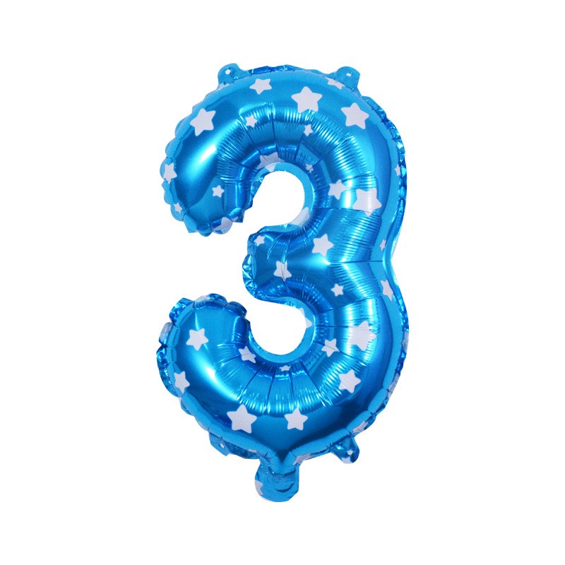 Balon din Folie Metalizata , Figurina Cifra, Imprimeu Stele, Tema Aniversare 80 cm, Ambalaj Individual, Pai inclus, Umflare cu Aer sau Heliu, Albastru, Cifra 3