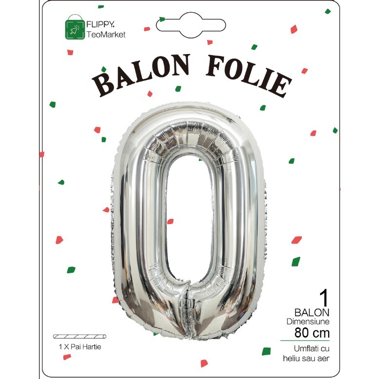 Balon din Folie Metalizata, , Figurina Cifra, Tema Aniversare 80 cm, Ambalaj Individual, Pai inclus, Umflare cu Aer sau Heliu, Argintiu, Cifra 0 - imagine 2