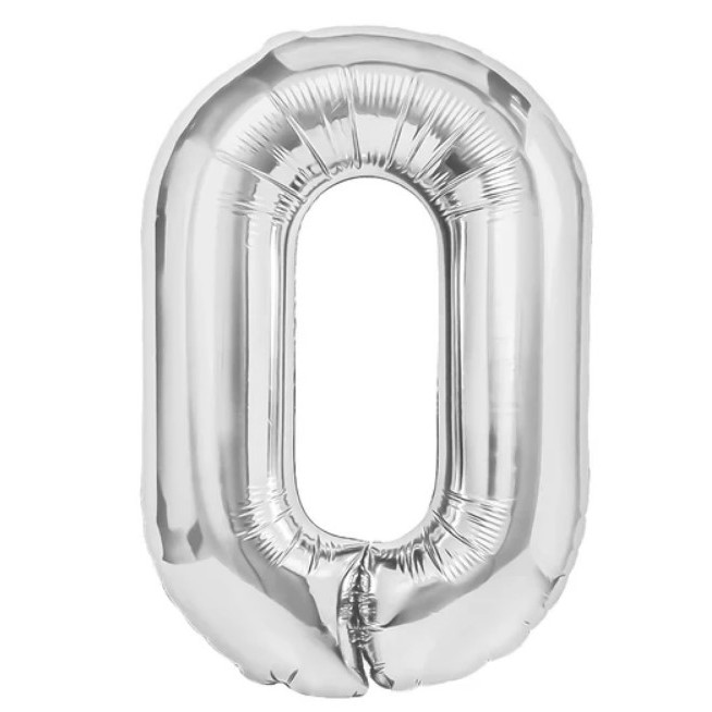 Balon din Folie Metalizata, , Figurina Cifra, Tema Aniversare 80 cm, Ambalaj Individual, Pai inclus, Umflare cu Aer sau Heliu, Argintiu, Cifra 0