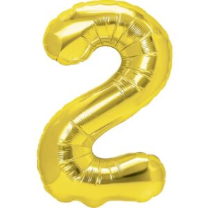 Balon din Folie Metalizata , Figurina Cifra, Tema Aniversare 80 cm, Ambalaj Individual, Pai inclus, Umflare cu Aer sau Heliu, Auriu, Cifra 2