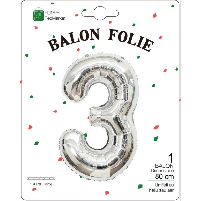 Balon din Folie Metalizata, , Figurina Cifra, Tema Aniversare 80 cm, Ambalaj Individual, Pai inclus, Umflare cu Aer sau Heliu, Argintiu, Cifra 3 - imagine 2