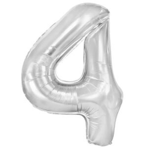 Balon din Folie Metalizata, , Figurina Cifra, Tema Aniversare 80 cm, Ambalaj Individual, Pai inclus, Umflare cu Aer sau Heliu, Argintiu, Cifra 4