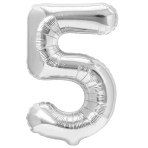 Balon din Folie Metalizata, , Figurina Cifra, Tema Aniversare 80 cm, Ambalaj Individual, Pai inclus, Umflare cu Aer sau Heliu, Argintiu, Cifra 5