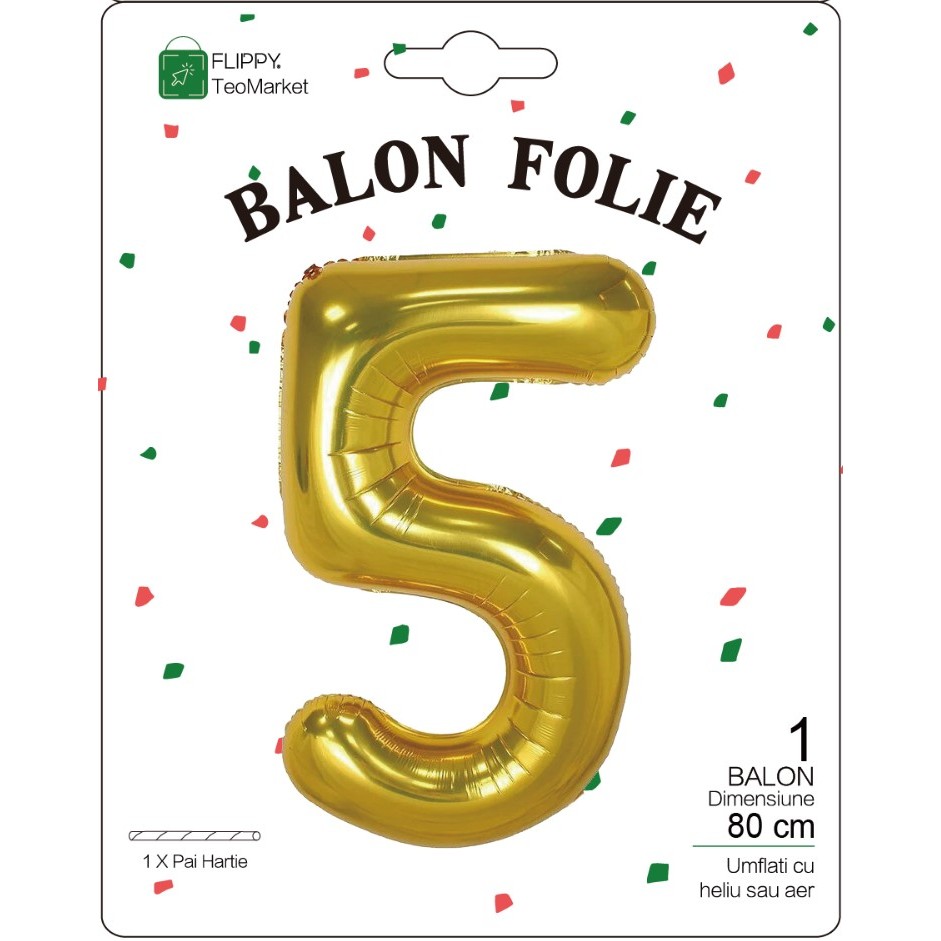 Balon din Folie Metalizata , Figurina Cifra, Tema Aniversare 80 cm, Ambalaj Individual, Pai inclus, Umflare cu Aer sau Heliu, Auriu, Cifra 5 - imagine 2