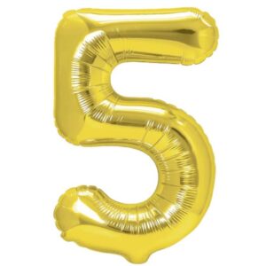 Balon din Folie Metalizata , Figurina Cifra, Tema Aniversare 80 cm, Ambalaj Individual, Pai inclus, Umflare cu Aer sau Heliu, Auriu, Cifra 5