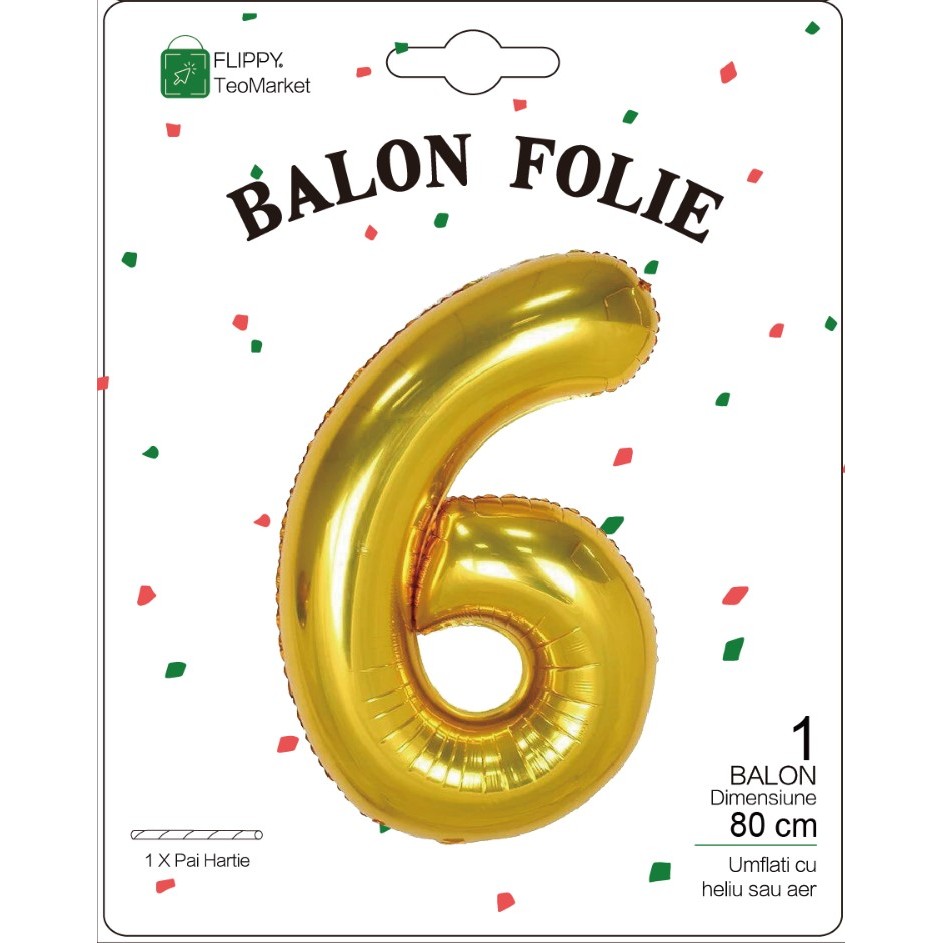 Balon din Folie Metalizata , Figurina Cifra, Tema Aniversare 80 cm, Ambalaj Individual, Pai inclus, Umflare cu Aer sau Heliu, Auriu, Cifra 6 - imagine 2