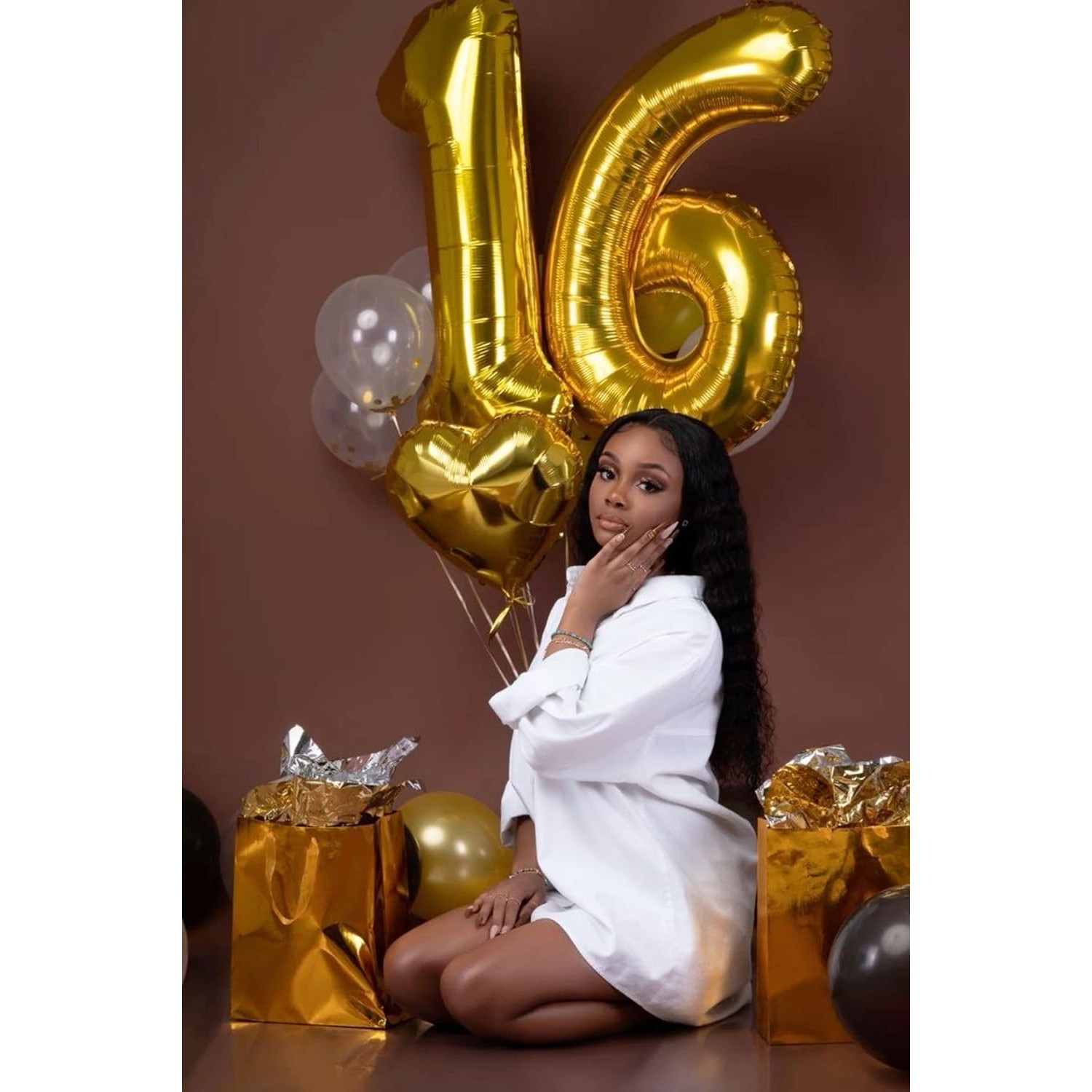 Balon din Folie Metalizata , Figurina Cifra, Tema Aniversare 80 cm, Ambalaj Individual, Pai inclus, Umflare cu Aer sau Heliu, Auriu, Cifra 6 - imagine 4