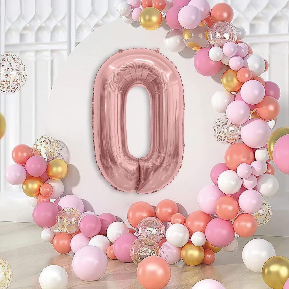 Balon din Folie Metalizata , Figurina Cifra, Tema Aniversare 40 cm, Ambalaj Individual, Pai inclus, Umflare cu Aer sau Heliu, Rose Gold, Cifra 0 - imagine 3