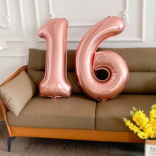 Balon din Folie Metalizata , Figurina Cifra, Tema Aniversare 40 cm, Ambalaj Individual, Pai inclus, Umflare cu Aer sau Heliu, Roz Gold, Cifra 6 - imagine 2