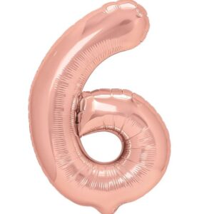 Balon din Folie Metalizata , Figurina Cifra, Tema Aniversare 40 cm, Ambalaj Individual, Pai inclus, Umflare cu Aer sau Heliu, Roz Gold, Cifra 6
