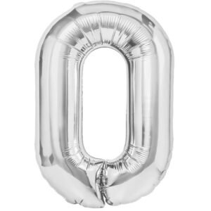 Balon din Folie Metalizata, , Figurina Cifra, Tema Aniversare 40 cm, Ambalaj Individual, Pai inclus, Umflare cu Aer sau Heliu, Argintiu, Cifra 0