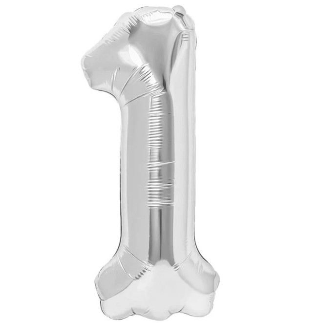 Balon din Folie Metalizata, , Figurina Cifra, Tema Aniversare 40 cm, Ambalaj Individual, Pai inclus, Umflare cu Aer sau Heliu, Argintiu, Cifra 1