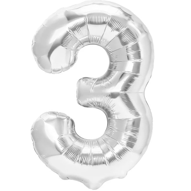 Balon din Folie Metalizata , Figurina Cifra, Tema Aniversare 40 cm, Ambalaj Individual, Pai inclus, Umflare cu Aer sau Heliu, Argintiu, Cifra 3