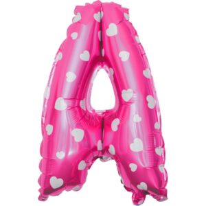 Balon Folie Metalizata Litera A, , 40 cm, Cu Imprimeu Inimioare, Umflati cu Heliu sau Aer, Ambalaj Individual, Pai inclus, Roz