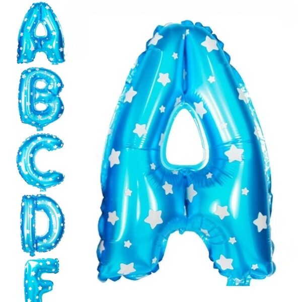 Balon Folie Metalizata Litera A, , 40 cm, Cu Imprimeu Stelute, Umflati cu Heliu sau Aer, Ambalaj Individual, Pai inclus, Albastru - imagine 3