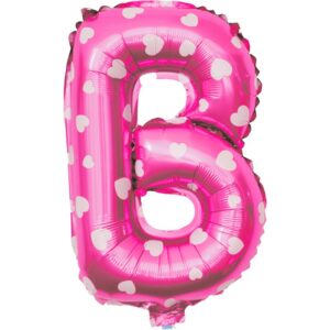 Balon Folie Metalizata Litera B, , 40 cm, Cu Imprimeu Inimioare, Umflati cu Heliu sau Aer, Ambalaj Individual, Pai inclus, Roz