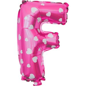 Balon Folie Metalizata Litera F, , 40 cm, Cu Imprimeu Inimioare, Umflati cu Heliu sau Aer, Ambalaj Individual, Pai inclus, Roz