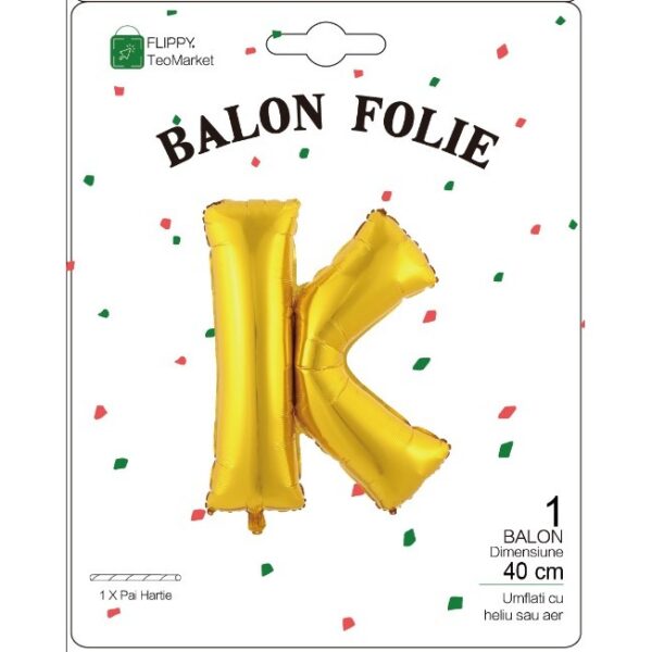 Balon Folie Metalizata Litera K, , 40 cm, Umflati cu Heliu sau Aer, Ambalaj Individual, Pai inclus, Auriu - imagine 2