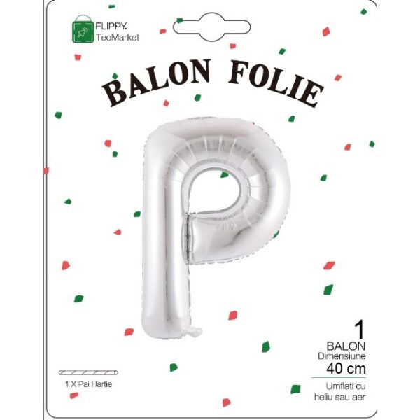Balon Folie Metalizata Litera P, , 40 cm, Umflati cu Heliu sau Aer, Ambalaj Individual, Pai inclus, Argintiu - imagine 2