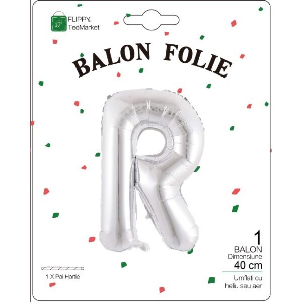 Balon Folie Metalizata Litera R, , 40 cm, Umflati cu Heliu sau Aer, Ambalaj Individual, Pai inclus, Argintiu - imagine 2