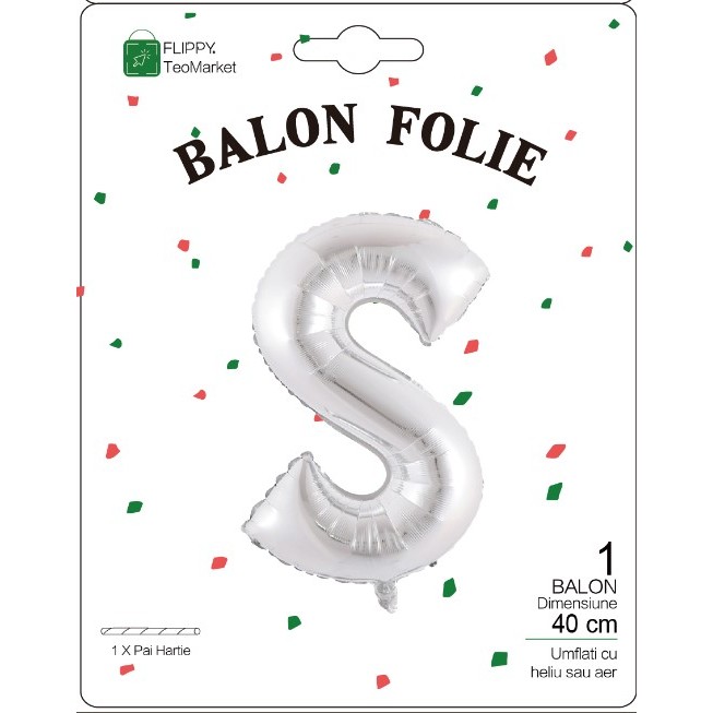 Balon Folie Metalizata Litera S, , 40 cm, Umflati cu Heliu sau Aer, Ambalaj Individual, Pai inclus, Argintiu - imagine 2