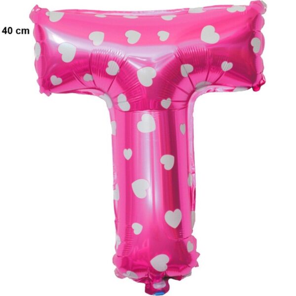 Balon Folie Metalizata Litera T, , 40 cm, Cu Imprimeu Inimioare, Umflati cu Heliu sau Aer, Ambalaj Individual, Pai inclus, Roz - imagine 2