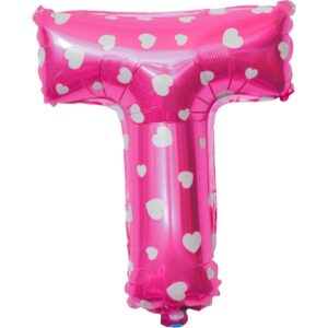 Balon Folie Metalizata Litera T, , 40 cm, Cu Imprimeu Inimioare, Umflati cu Heliu sau Aer, Ambalaj Individual, Pai inclus, Roz