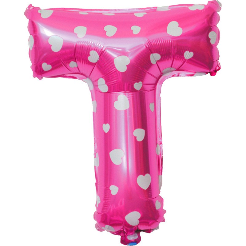 Balon Folie Metalizata Litera T, , 40 cm, Cu Imprimeu Inimioare, Umflati cu Heliu sau Aer, Ambalaj Individual, Pai inclus, Roz