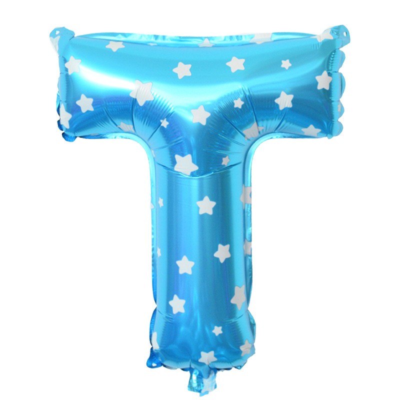 Balon Folie Metalizata Litera T, , 40 cm, Cu Imprimeu Stelute, Umflati cu Heliu sau Aer, Ambalaj Individual, Pai inclus, Albastru - imagine 3