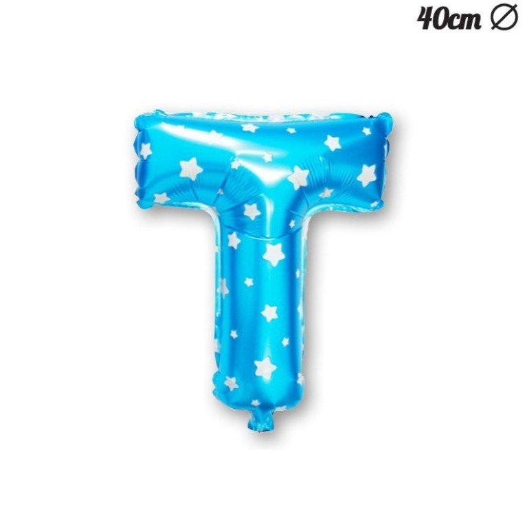 Balon Folie Metalizata Litera T, , 40 cm, Cu Imprimeu Stelute, Umflati cu Heliu sau Aer, Ambalaj Individual, Pai inclus, Albastru - imagine 4