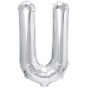 Balon Folie Metalizata Litera U, , 40 cm, Umflati cu Heliu sau Aer, Ambalaj Individual, Pai inclus, Argintiu